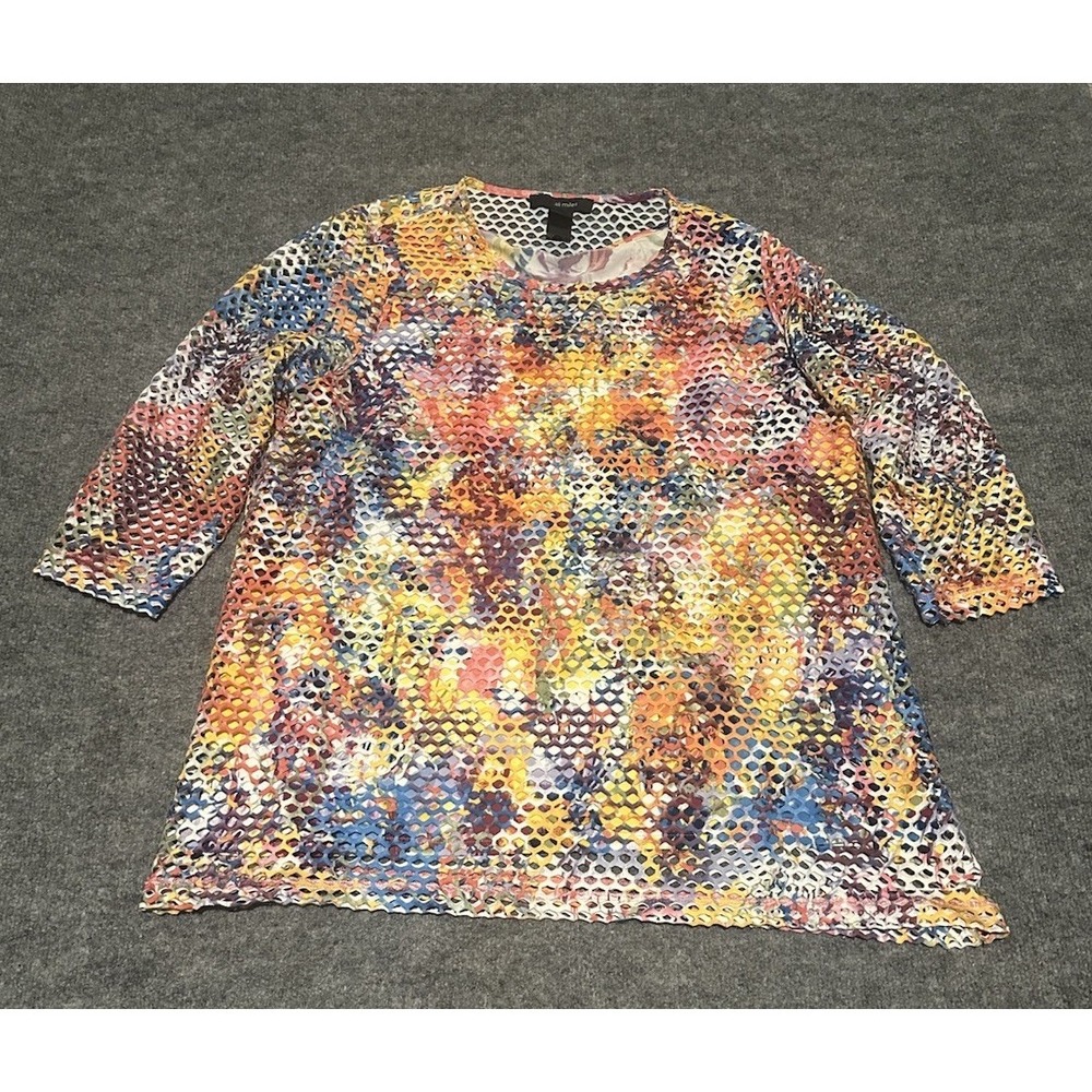 Ali Miles Cutout Mesh Colorful Abstract Tunic Blouse Women's Large 3/4 Sleeve